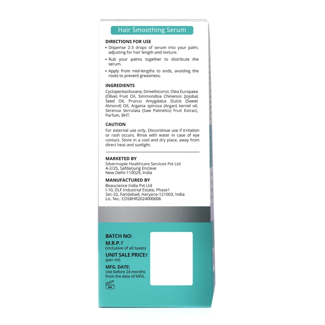 DHI Smoothing Hair Serum For Dry & Frizzy Hair | Moisturises & Hydrates Hair | Smoothness Hair Texture | Enriched with Sweet Almond Oil, Saw Palmetto, Argan Oil & Jojoba Oil | Antioxidant Properties | For Men & Women | Sulphate & Paraben Free | 100 ml