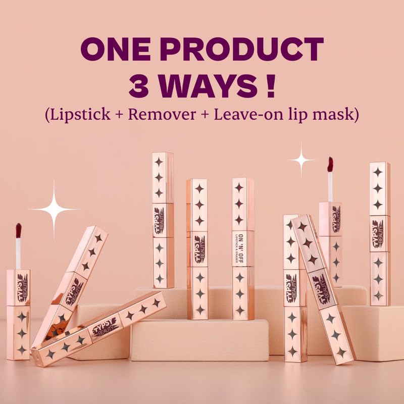Typsy Beauty ON 'n' OFF Lipstick & Eraser | 12 Hr Stay Creamy Matte Formula (Pink) | Smudge & Transfer Proof | Nourishing Remover Oil & Leave-On Mask | Vegan | 8 shades | 2.5 ml x 2.5 ml