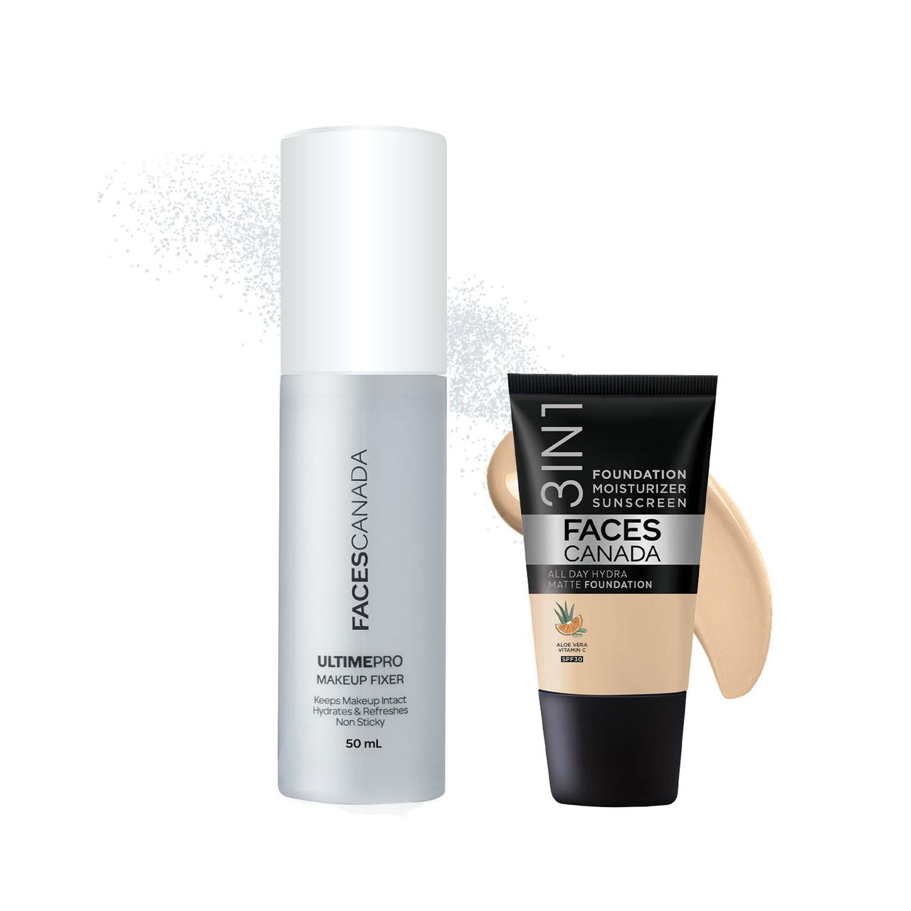 FACES CANADA Waterproof Fix & Finish Kit | Makeup Fixer (50ml) + Absolute Ivory All Day Hydra Matte Mini Foundation (18ml) | Makeup Kit For Women (Combo Pack of 2)