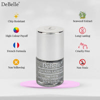 DeBelle Gel Nail Polish Estella (Silver with Black Glitter Sugar Finish Nail Paint)|Non UV - Gel Finish |Chip Resistant | Seaweed Enriched Formula| Long Lasting|Cruelty and Toxic Free| 8ml