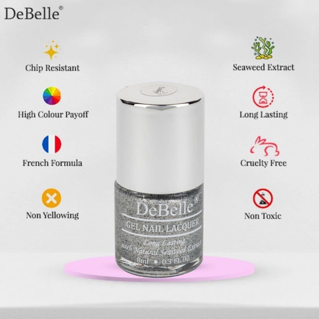 DeBelle Gel Nail Polish Estella (Silver with Black Glitter Sugar Finish Nail Paint)|Non UV - Gel Finish |Chip Resistant | Seaweed Enriched Formula| Long Lasting|Cruelty and Toxic Free| 8ml