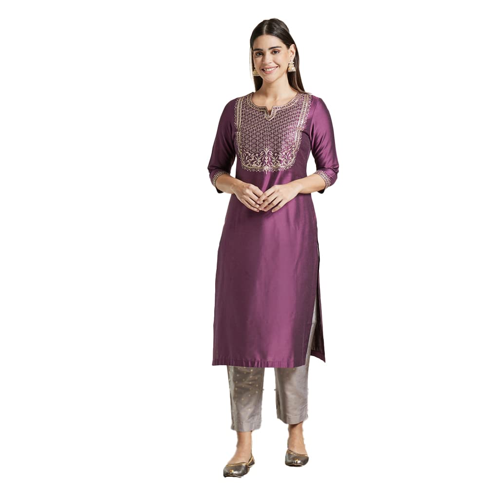 Kashish Women's  Viscose Embroidered Round Neck Straight Fit Kurta