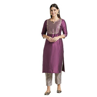 Kashish Women's  Viscose Embroidered Round Neck Straight Fit Kurta