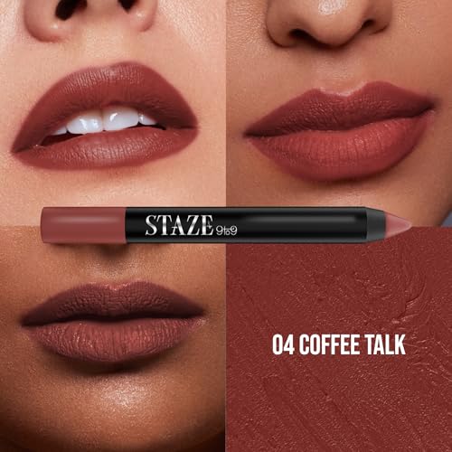 Staze 9to9 Pout On Matte + Smudgeproof Lip Crayon | Non-Drying & Transferproof | Pigmented Matte Finish | 12-Hour Stay | Lightweight | 05 Cocoa Loco | 3.5 g
