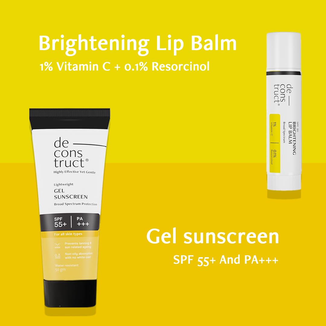 Deconstruct Glow Guard Duo | Brightening Lip Balm (4g) + Gel Sunscreen (50 g) | Lip Balm- For Dark, Pigmented, Dry, Flaky Lips | Brightens Pigmented Lips | Gel Sunscreen- SPF 50+ Gel based sunscreen for all skin types | Pack of 2