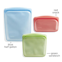Stasher Reusable Silicone Storage Bag, Food Storage Container, Microwave and Dishwasher Safe, Leak-free, Bundle 3-Pack, Blue + Red + Green Green + Red + Blue