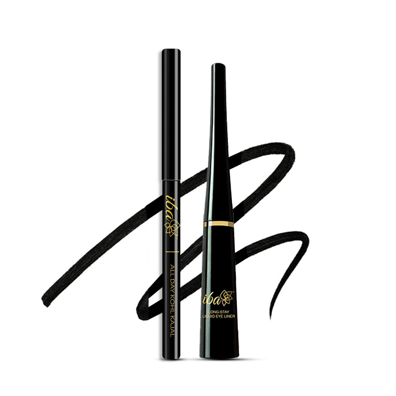 Iba Long Stay Liquid Eyeliner & All Day Kohl Kajal daily Eye Makeup Combo (Black) - Matte Finish | One Stroke Application | Quick Drying | 24Hr Long Lasting | Waterproof & Smudge Proof