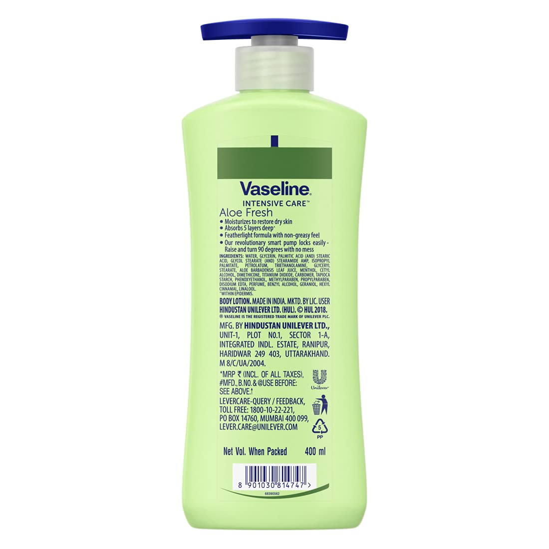 Vaseline Intensive Care Aloe Fresh Hydrating Body Lotion 400 ml, Daily Skin Moisturizer for Dry Skin, Lotion for Non-Greasy, Glowing Skin