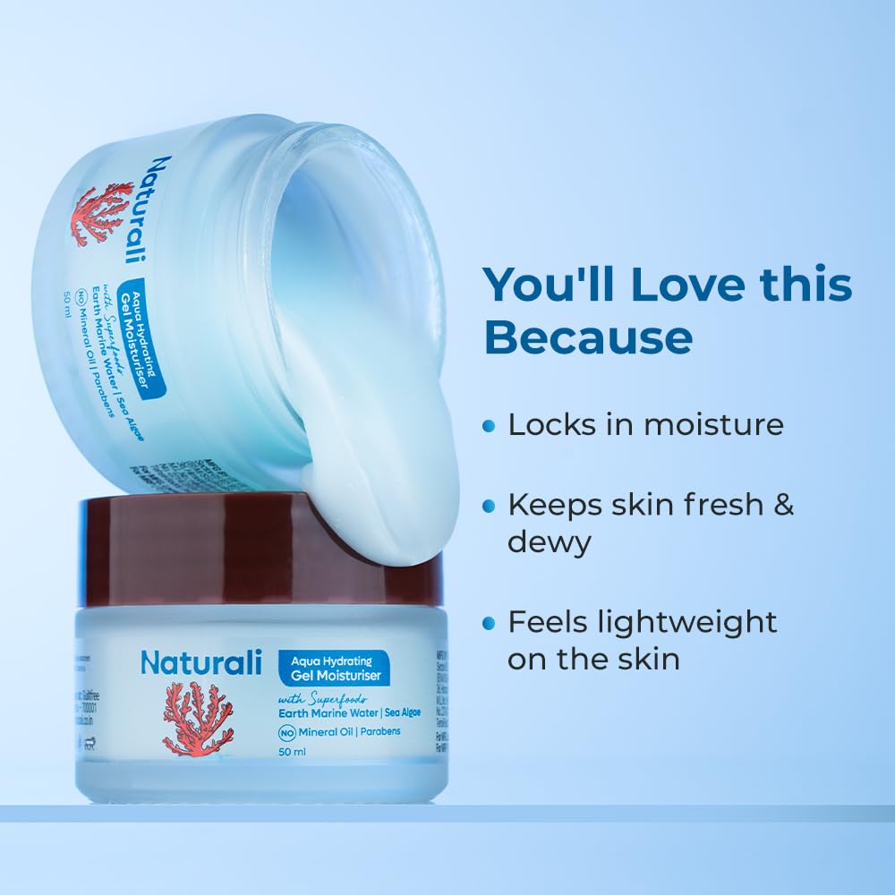 Naturali Aqua Hydrating Gel Moisturiser | With Superfoods Earth Marine Water & Sea Algae | Locks Skin Moisture | Keeps Skin Fresh & Dewy | Paraben-free | For Normal to Dry Skin | Lightweight, Absorbs Quickly | Best Hydrating Moisturiser | 50ml