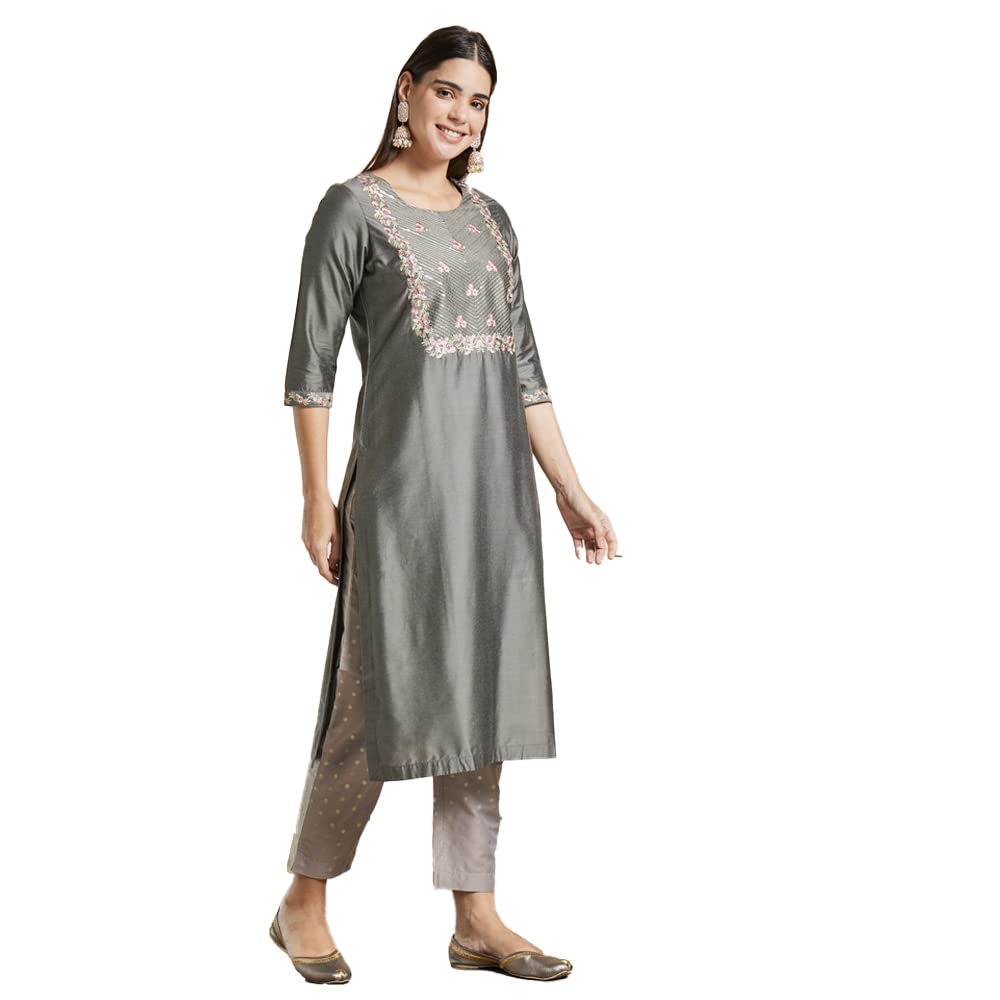 Kashish Women's  Viscose Embroidered Round Neck Straight Fit Kurta