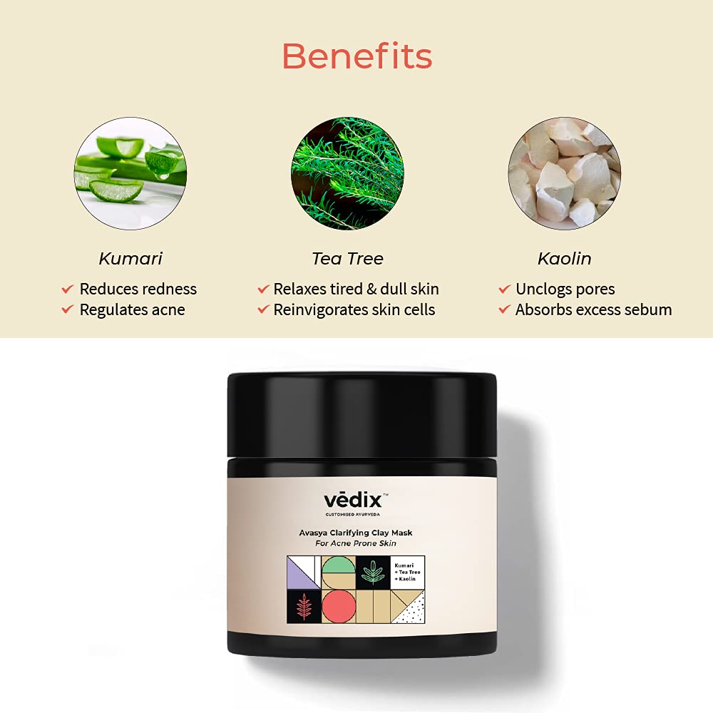 Vedix Customized Face Pack - Avasya Clarifying Clay Mask For Acne Prone Skin With Kumari + Tea Tree + Kaolin