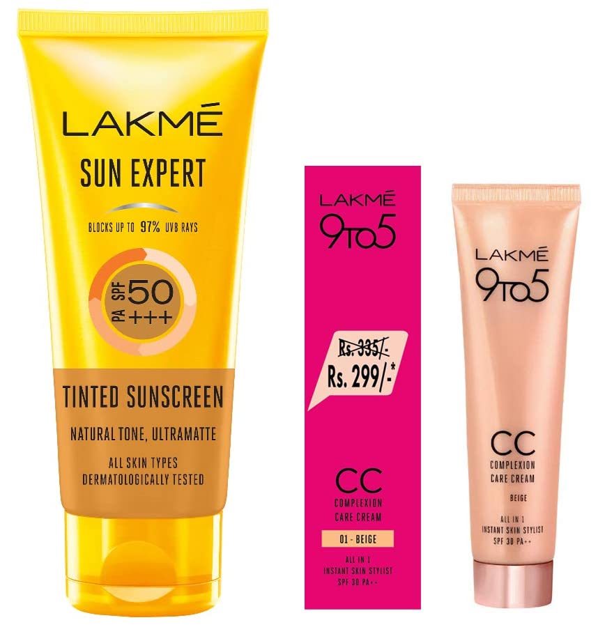 Lakmé Sun Expert Tinted Sunscreen 50 Spf, 100 G & Lakmé 9 To 5 Complexion Care Face Cc Cream for All Skin Type, Beige, Spf 30, Conceals Dark Spots & Blemishes, 30 G