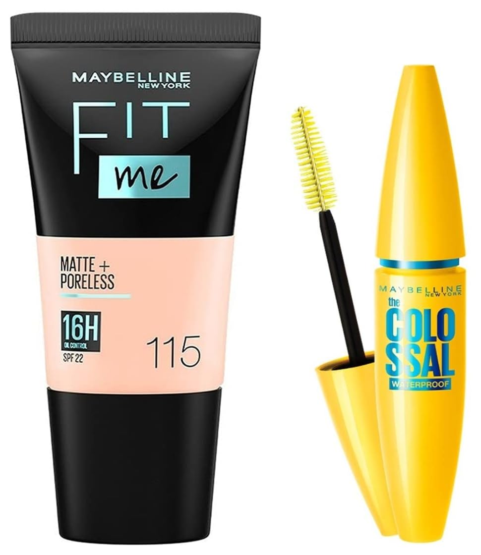Maybelline New York Fit Me Matte+Poreless Liquid Foundation Medium Coverage For Oily Skin Powder Tube,115 Ivory,18Ml And New York Volume Express Colossal Masacara,Waterproof,Black,10G,Pack Of 1