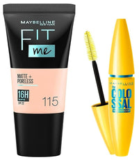 Maybelline New York Fit Me Matte+Poreless Liquid Foundation Medium Coverage For Oily Skin Powder Tube,115 Ivory,18Ml And New York Volume Express Colossal Masacara,Waterproof,Black,10G,Pack Of 1