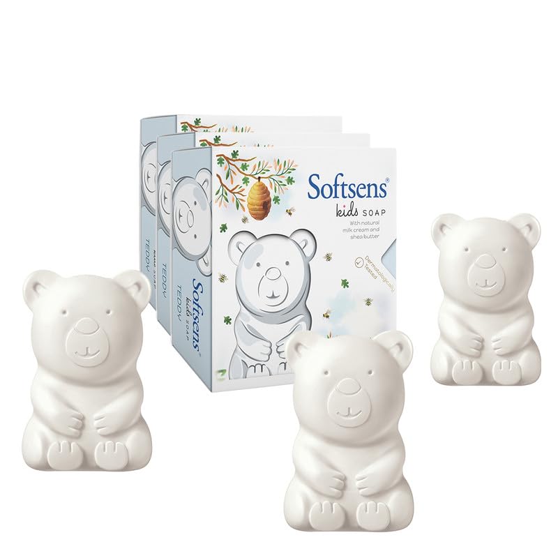 Softsens Kids Teddy Bear Soap| Grade 1 Soap| Infused Shea Butter & Milk Cream |Dermatologist Tested| Shape Soap (Pack of 3,75g each)