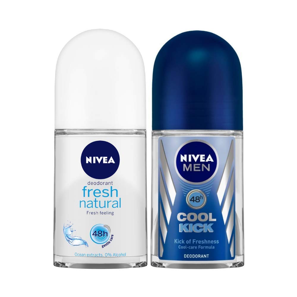 Nivea Deodorant Roll On, Fresh Natural for Men, 50ml And Roll-On Deodorant, Cool Kick for Men, 50ml