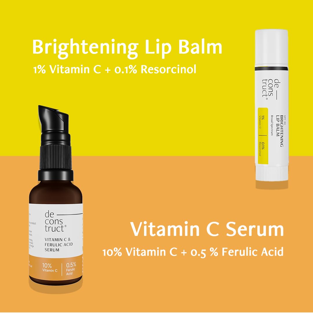 Deconstruct Radiant Lips & Skin Set: Spf Lip Balm (4G) & Non-Irritating Vitamin C Face Serum (30Ml)|For Dark Pigmented Dry Flaky Lips, Brightens Pigmented Lips|Pack Of 2