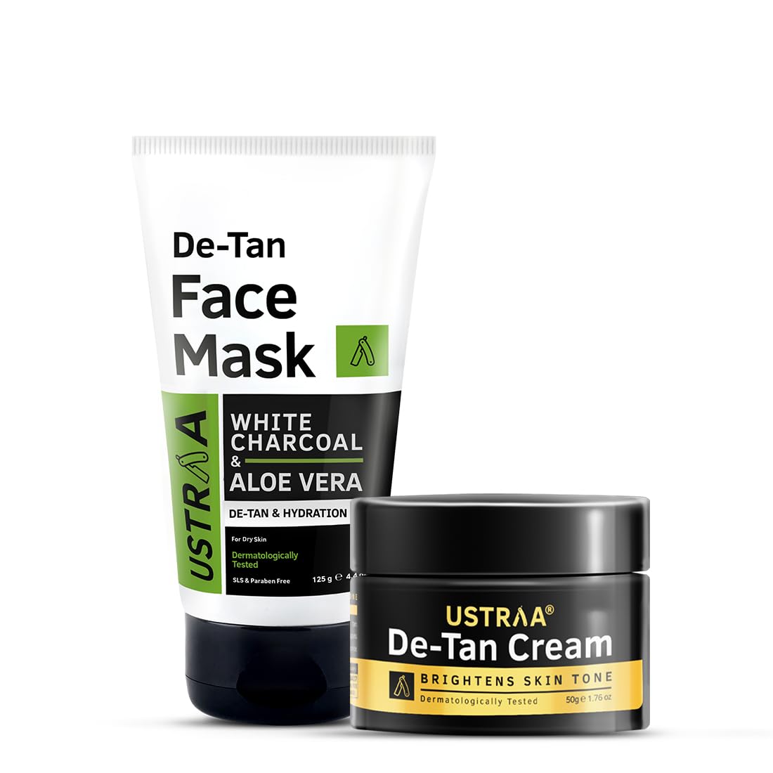 Ustraa De-Tan Face Mask - Dry Skin - 125 gm - Wash-off mask | with White Charcoal | Helps Remove Tan & Pollutants & De-Tan Cream For Men-50g | for Effective Tan Removal and Even Skin tone | No Bleach