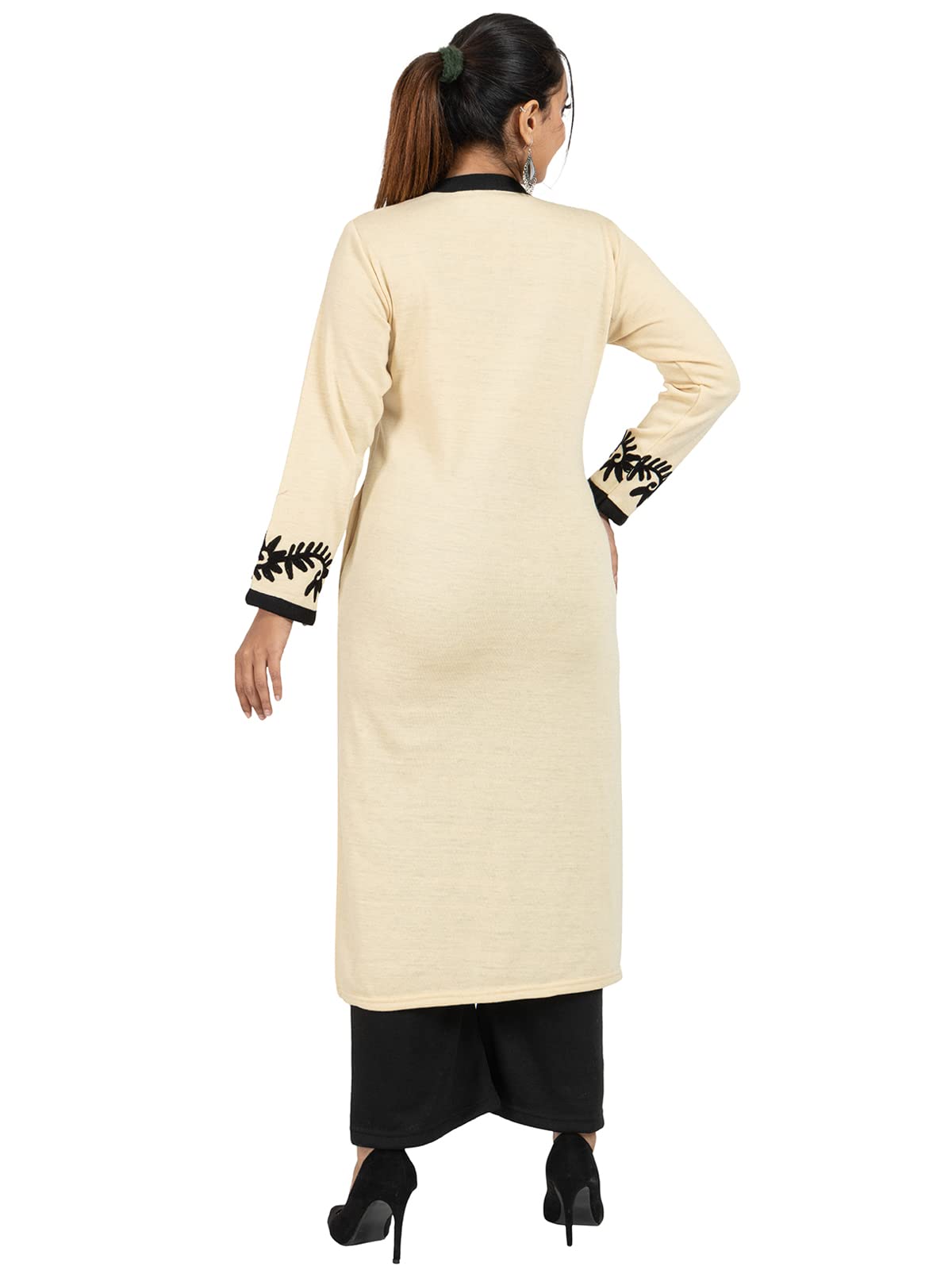 Rosary Women's  Woolen Winter Wear Mandarin Neck Full Sleeve Two Side Pocket Straight Kurta with Palazzo & Stole Set of 3 pc M Navy