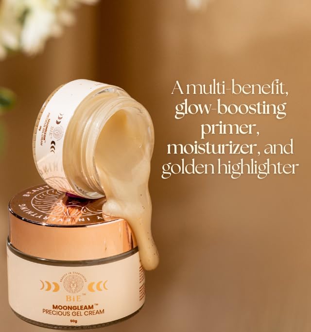 BiE Moongleam Gel - Illuminating Face Cream with Diamond, Silver Dust & Pearl Protein for Radiant Finish | Adds Subtle Shimmer, Hydrates, Glow Boosting Primer, Strobe Cream, Highlighter | All Skin Types | Unisex | 50gm