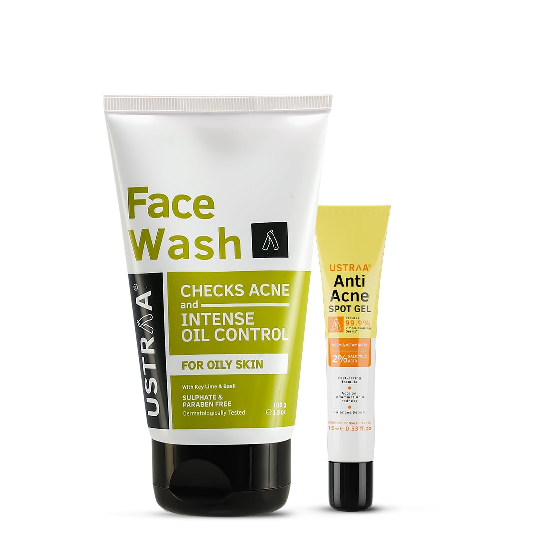 Ustraa Face Wash - Oily Skin - 100g | With Basil & Key Lime - For Acne-Prone Skin | Checks Acne & Blackheads & Anti-Acne Spot Gel - 15ml | Reduces 99.9% Pimple-Causing Germs, With 2% Salicylic Acid