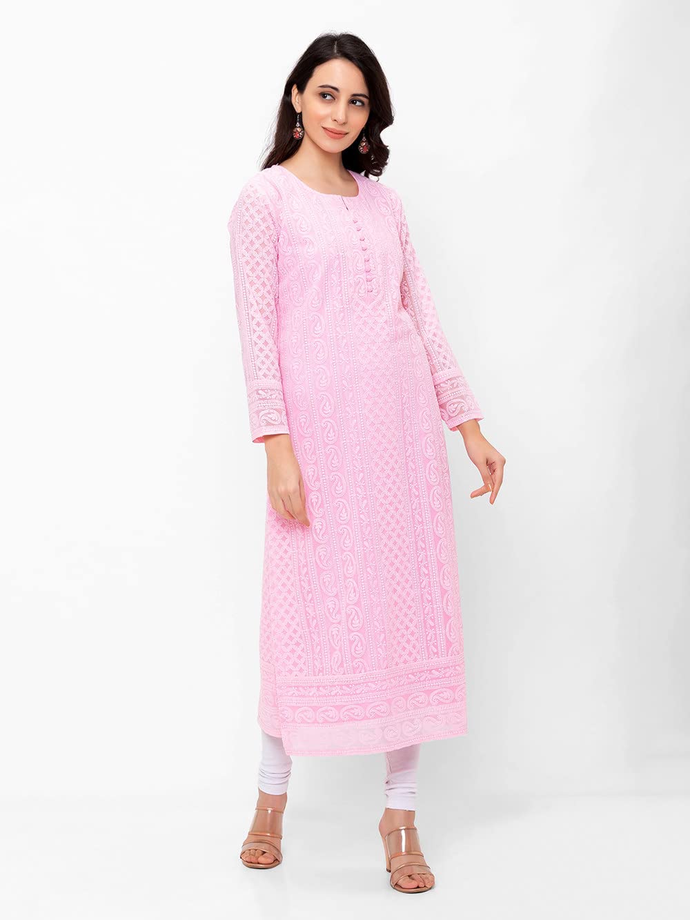 ZOLA Exclusive Georgette Round Neck with Full Sleeves and Calf Length Luckhnowi Chikan Kari Kurta with Button Placket on Yolk Ethnic Wear Straight Kurta for Women Pack of 1