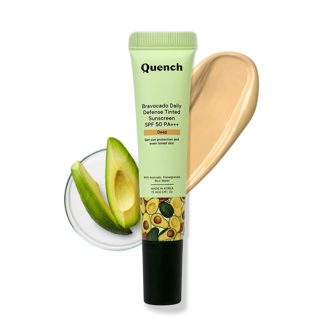 Quench Daily Defense Tinted Sunscreen SPF 50 PA+++ For Glowing Skin With Avocado & 2% Niacinamide | Blue Light Protection | Satin-Matte Finish | Made In Korea, Normal Skin (Deep, 15Ml)