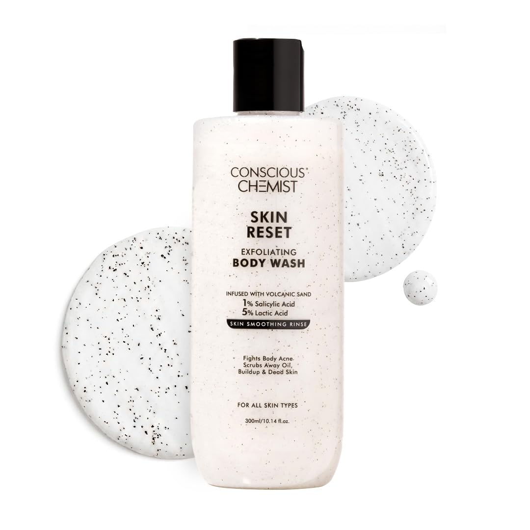 Conscious Chemist® Skin Reset Exfoliating Bodywash | 300ml | 1% Salicylic Acid Shower Gel with Volcanic Sand & Lactic Acid | Exfoliates, Clears Body Acne, Smooths Bumpy Skin | For Keratosis Pilaris & Strawberry Legs | Men & Women, Suitable for All Skin Ty
