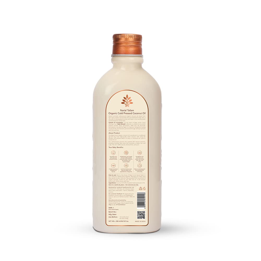 Baby Forest Narial Tailam Organic Cold Pressed Coconut Oil| 100% Natural | Coconut Oil for Baby Skin & Hair Care| Derma Safe | Cruelty-Free | 200 ml | Pack of 1