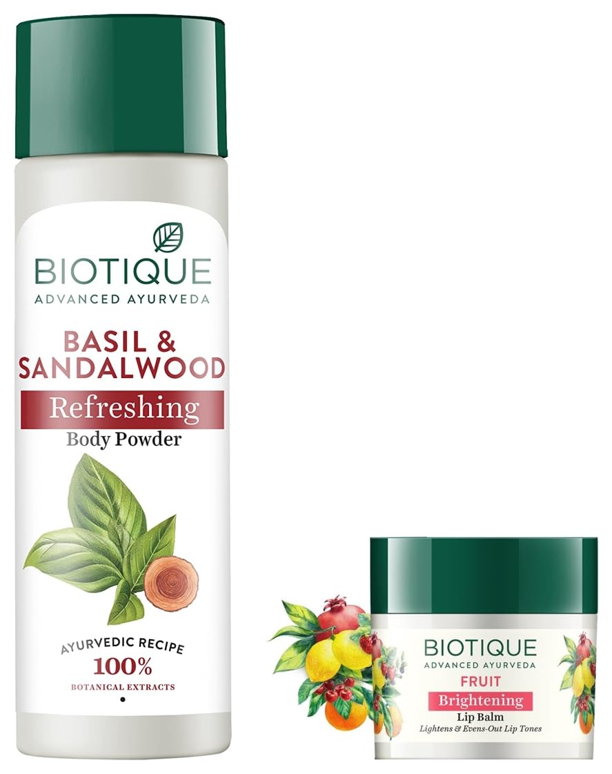 Biotique Bio Fruit Whitening/Brightening Lip Balm, 12g & Biotique Bio Basil and Sandalwood Refreshing Body Powder, 150g