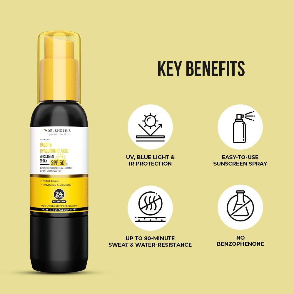 Dr. Sheth's Haldi & Hyaluronic Acid Sunscreen Spray|Spf 50+ Pa++++|Lightweight, Non-Greasy|24 Hours Hydration, Non-Comedogenic|For Men & Women|Benzophenone Free|Mess-Free|100Ml|For All Skin Types