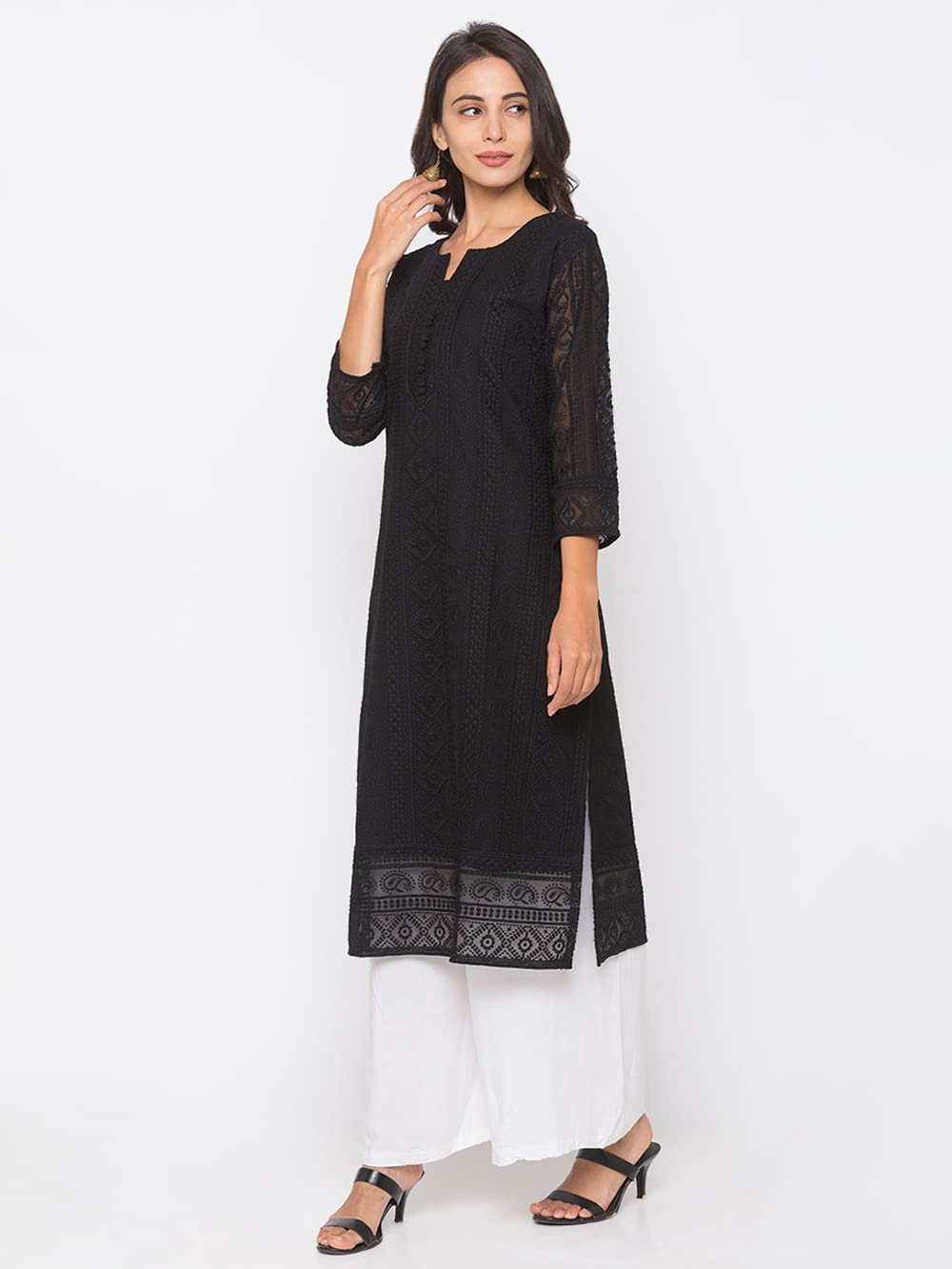 ZOLA Exclusive Georgette Round Neck with 3/4Th Sleeves and Calf Length Luckhnowi Chikan Kari Kurta with Button Placket On Yolk Ethnic Wear Straight Kurta for Women