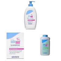 SebaMed Baby Body Lotion, For All Skin Types, 400 ml & Children’s Shampoo (50ml) & Baby Powder with Honeysuckle 200g