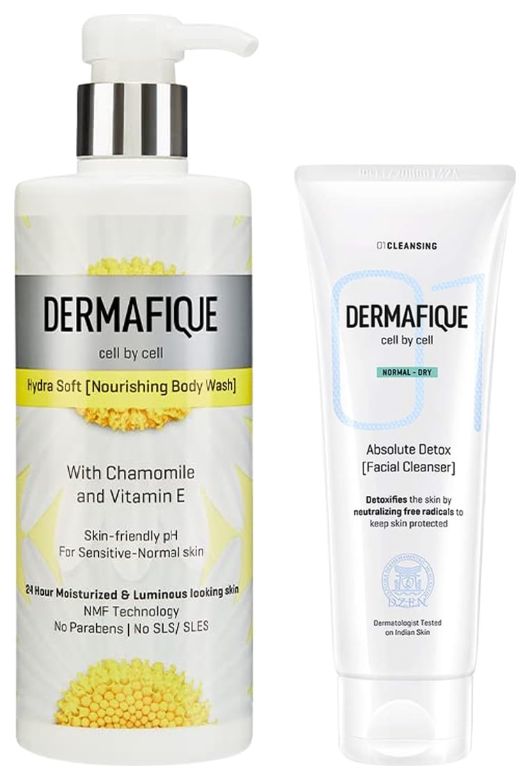Dermafique Absolute Detox Facial Cleanser – 100ml Fac Hydra Soft Nourishing Body Wash – 500ml Body Wash Enriched with Vitamin E Chamomile Suitable for Sensitive Normal Skin Balances Skin pH