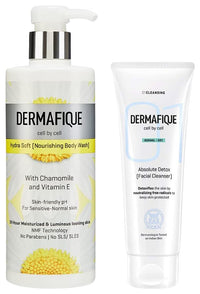 Dermafique Absolute Detox Facial Cleanser – 100ml Fac Hydra Soft Nourishing Body Wash – 500ml Body Wash Enriched with Vitamin E Chamomile Suitable for Sensitive Normal Skin Balances Skin pH