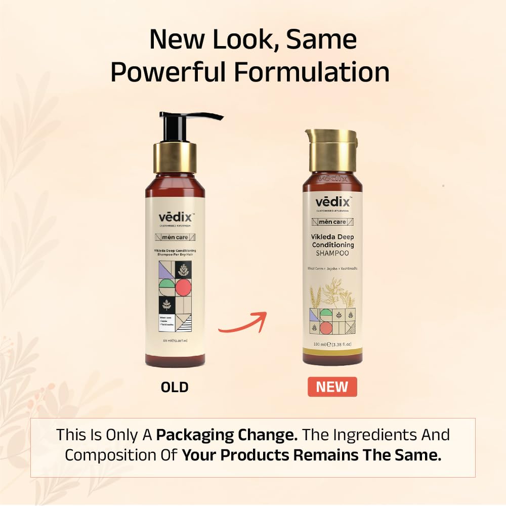 Vedix Ayurvedic Shampoo for Dry and Frizzy Hair, Vikleda Deep Conditioning Customized Sulfate Free Men Shampoo with Wheat Germ, Jojoba & Yashtimadhu, 100 ml