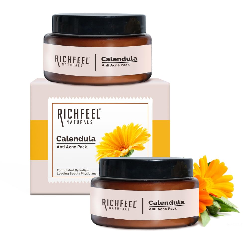 Richfeel Calendula Anti Acne Mud Pack | Power of Soothing Calendula, Super-mud Kaolin & Bentonite | Physician Formulated | 50g -Pack of 2