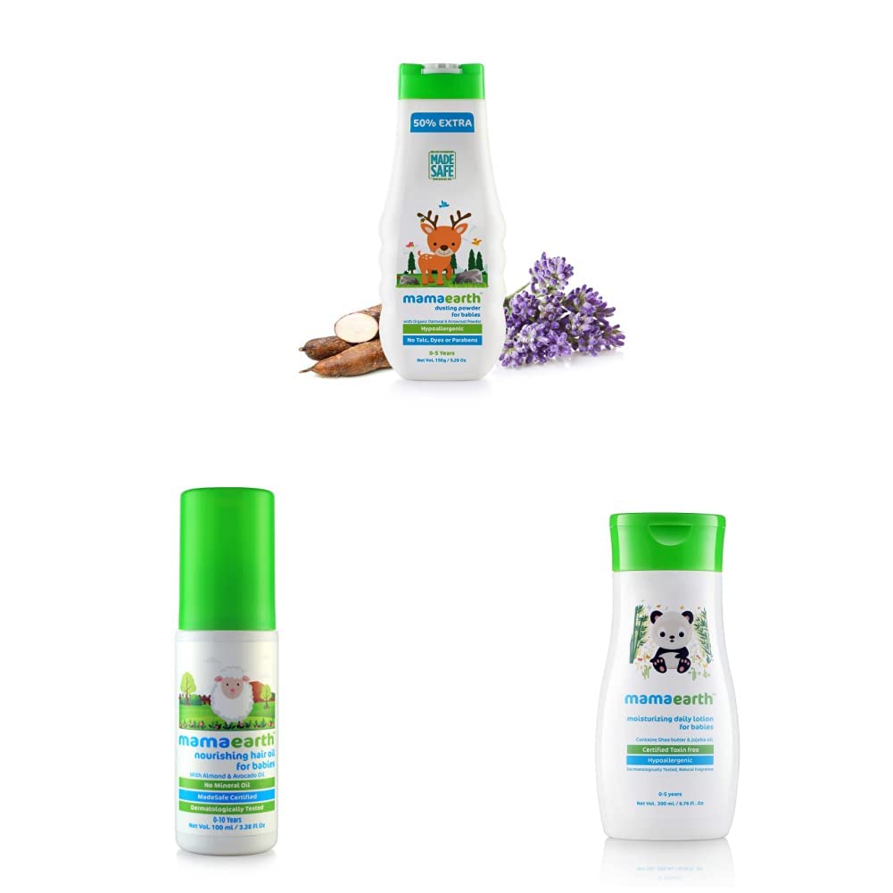 Mamaearth dusting Powder with Organic Oatmeal & Arrowroot Powder 150g & Daily Moisturizing Lotion, 200ml & Nourishing Hair Oil for Babies 100ml (0-10 Years) Combo