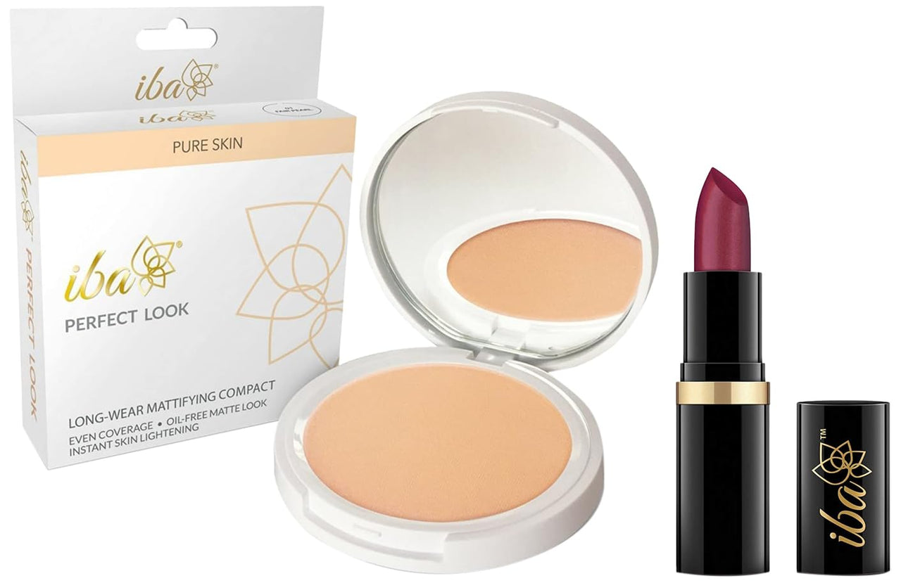 Iba Halal Care Perfect Look Long Wear Mattifying Compact, Fair Pearl, 9 Gm & Iba Halal Care Pure Lips Moisturizing Lipstick Shade, A40 Berry Blast, 4g
