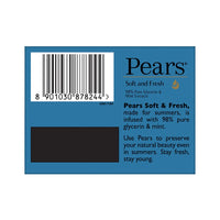 Pears Soft and Fresh Soap Bar (Combo Pack of 4) - With Glycerin and Mint for Soft Skin & Body, Paraben-Free Body Soaps For Bath Ideal for Men & Women