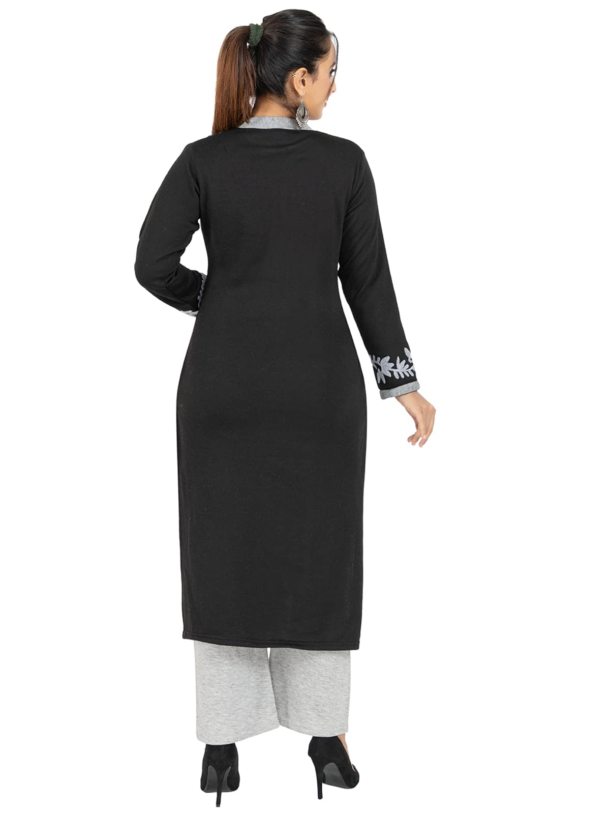 Rosary Women's  Woolen Winter Wear Mandarin Neck Full Sleeve Two Side Pocket Straight Kurta with Palazzo & Stole Set of 3 pc M Navy