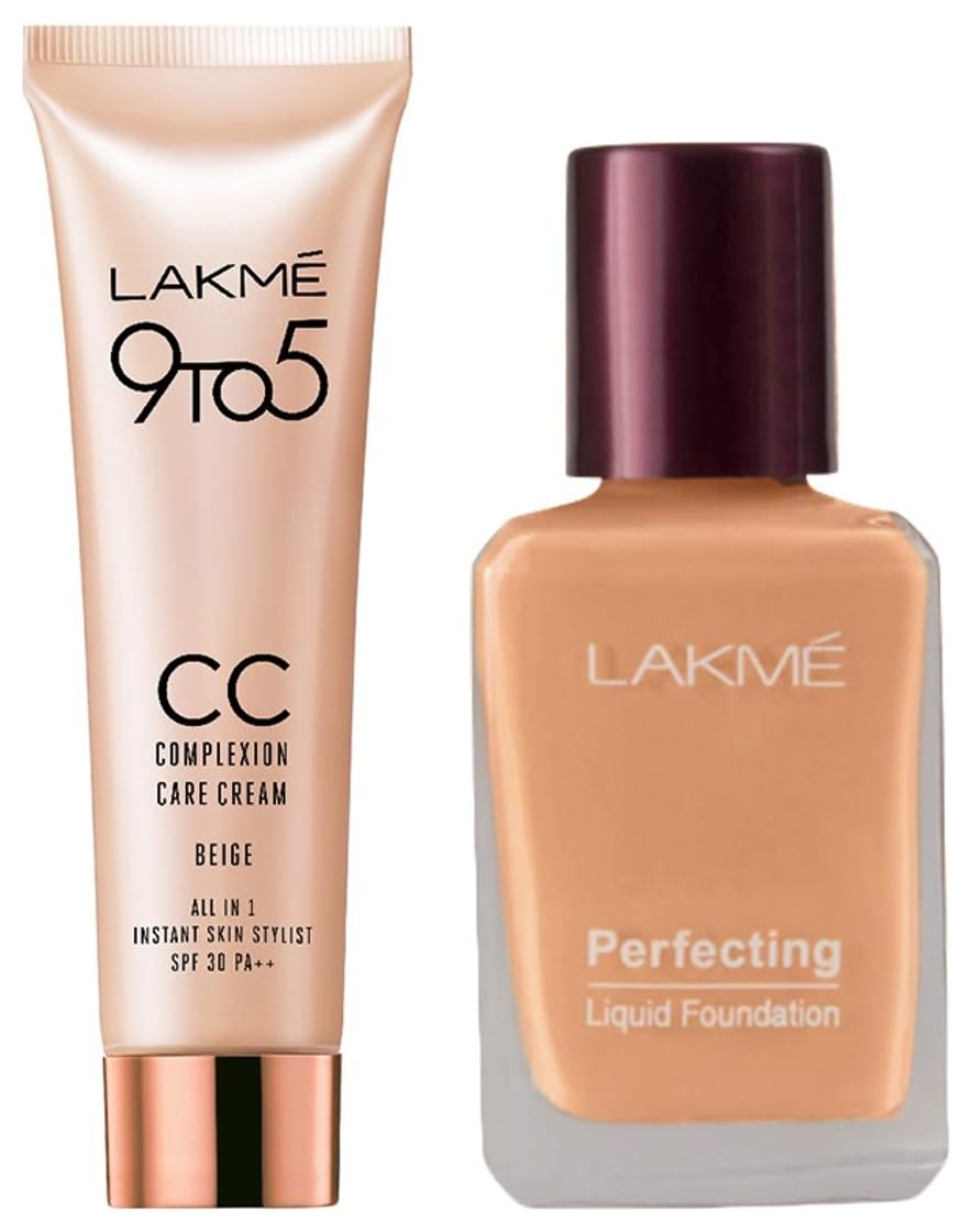 Lakmé Complexion Care Face Cream, Beige, 9G & Lakmé Perfecting Liquid Foundation Full Coverage for Acne Prone Skin, Shell, 27Ml, Dewy Finish