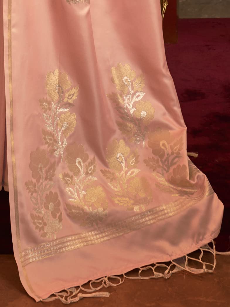 AKHILAM Women's  Banarasi Pure Silk Floral Golden Zari Work Woven Design Border Saree with Unstitched Blouse Piece(KSBLE2240_Parent)