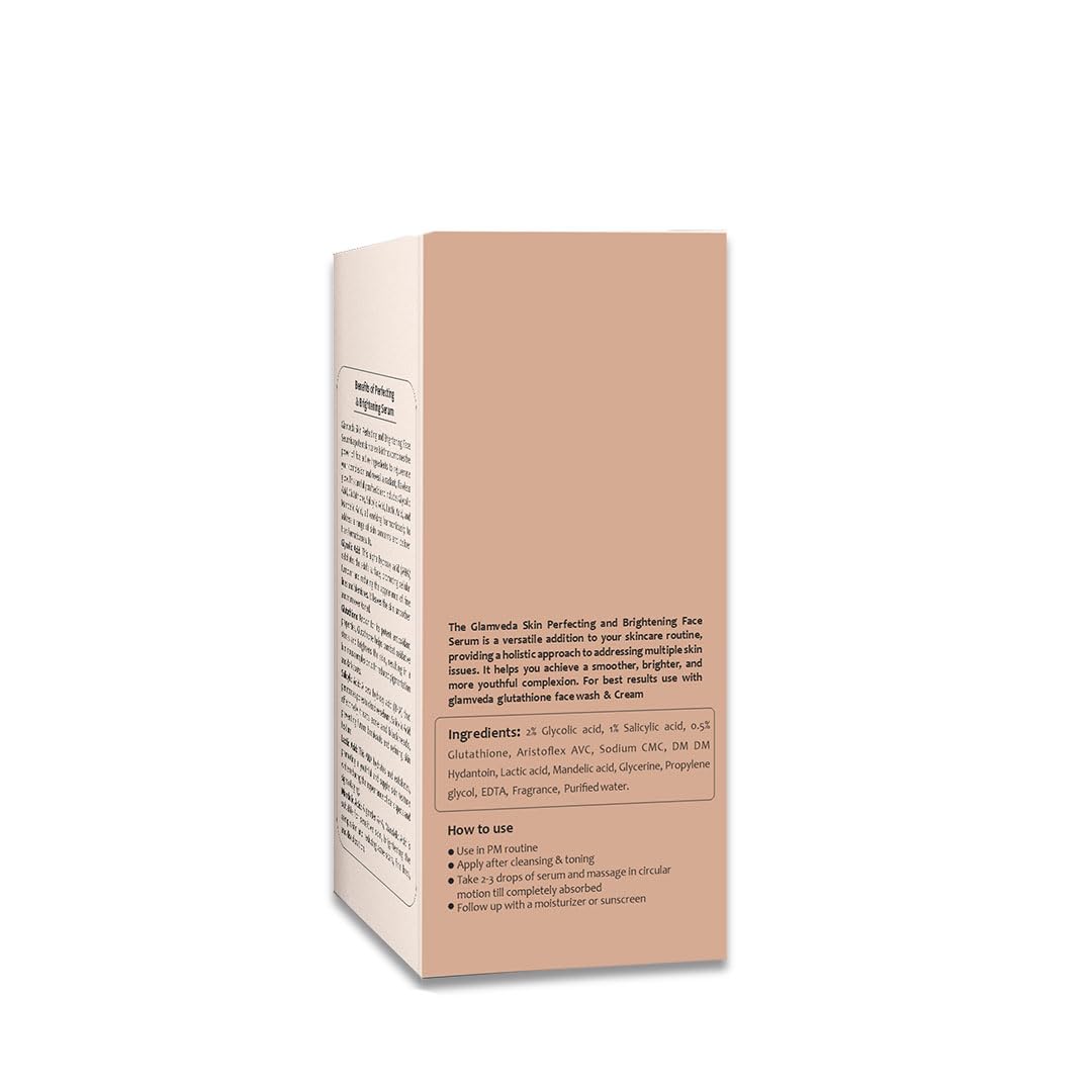 Glamveda Glutathione Skin Perfecting Face Serum with 2% ww Glycolic acid, 1% ww Salicylic acid for Glowing Skin | Brightening and Lightening Serum | 30ml