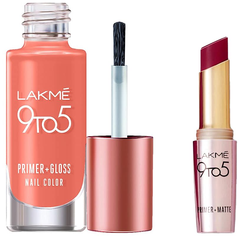 Lakmé 9To5 Primer + Glossy Finish Nail Colour & Lakmé 9 To 5 Primer + Matte Finish Lipstick, 6 Ml