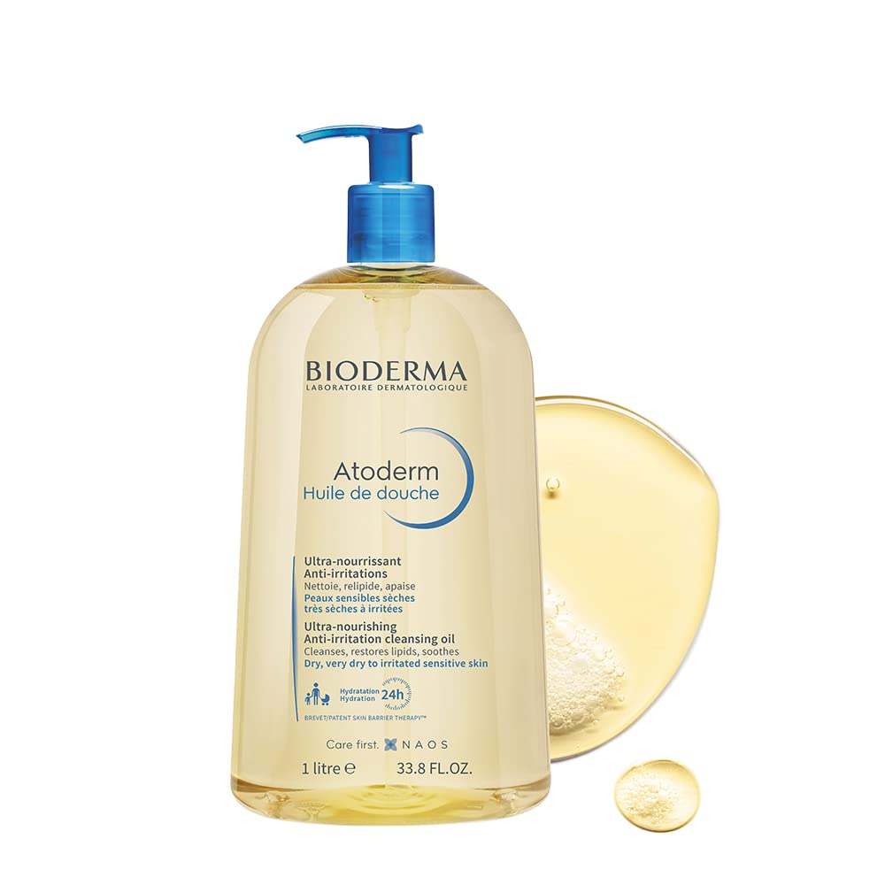 Bioderma Atoderm Huile de douche Anti-iritation Cleaning Oil | 24hrs Hydration | Face and Body Moisturizer | Soothes Discomfort - Dry to Very Dry Sensitive Skin - 1 Ltr
