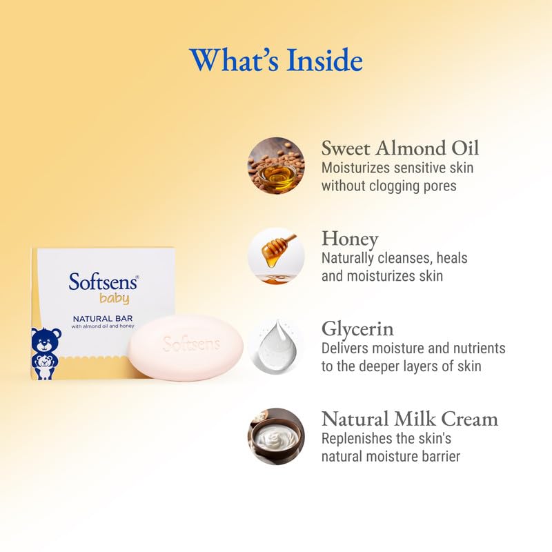 Softsens Baby Natural Bar Soap with Honey, Orange & Natural Almond Oil,Natural Milk Cream,Shea Butter Soaps x 100g (Pack of 2)