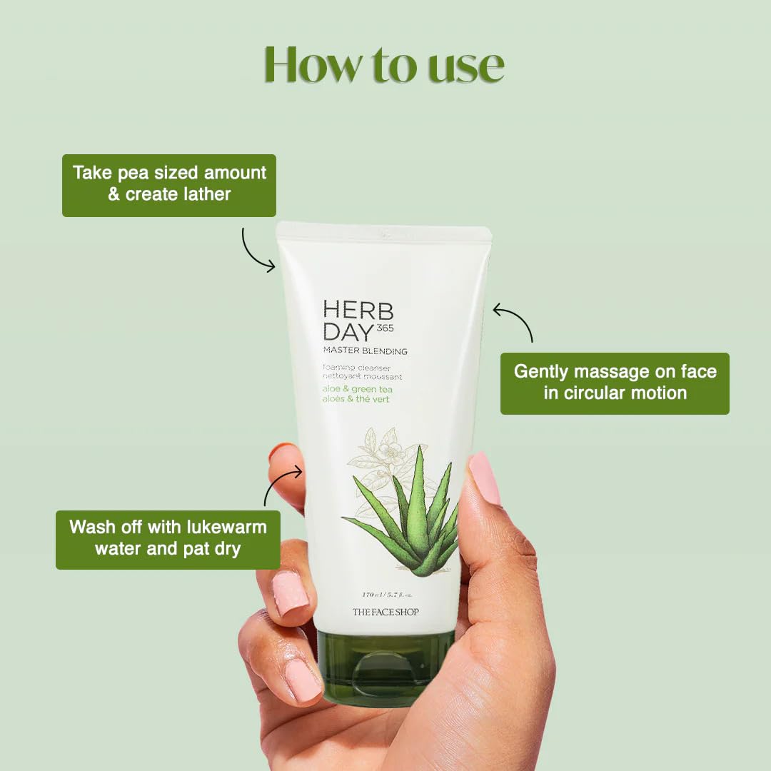 The Face Shop Herb day Cleansing Foam 170 ml | Face wash with aloe and green tea extracts | Face Wash for Dry Skin | Face wash that hydrates skin & maintains PH Level | Korean Skin care Products