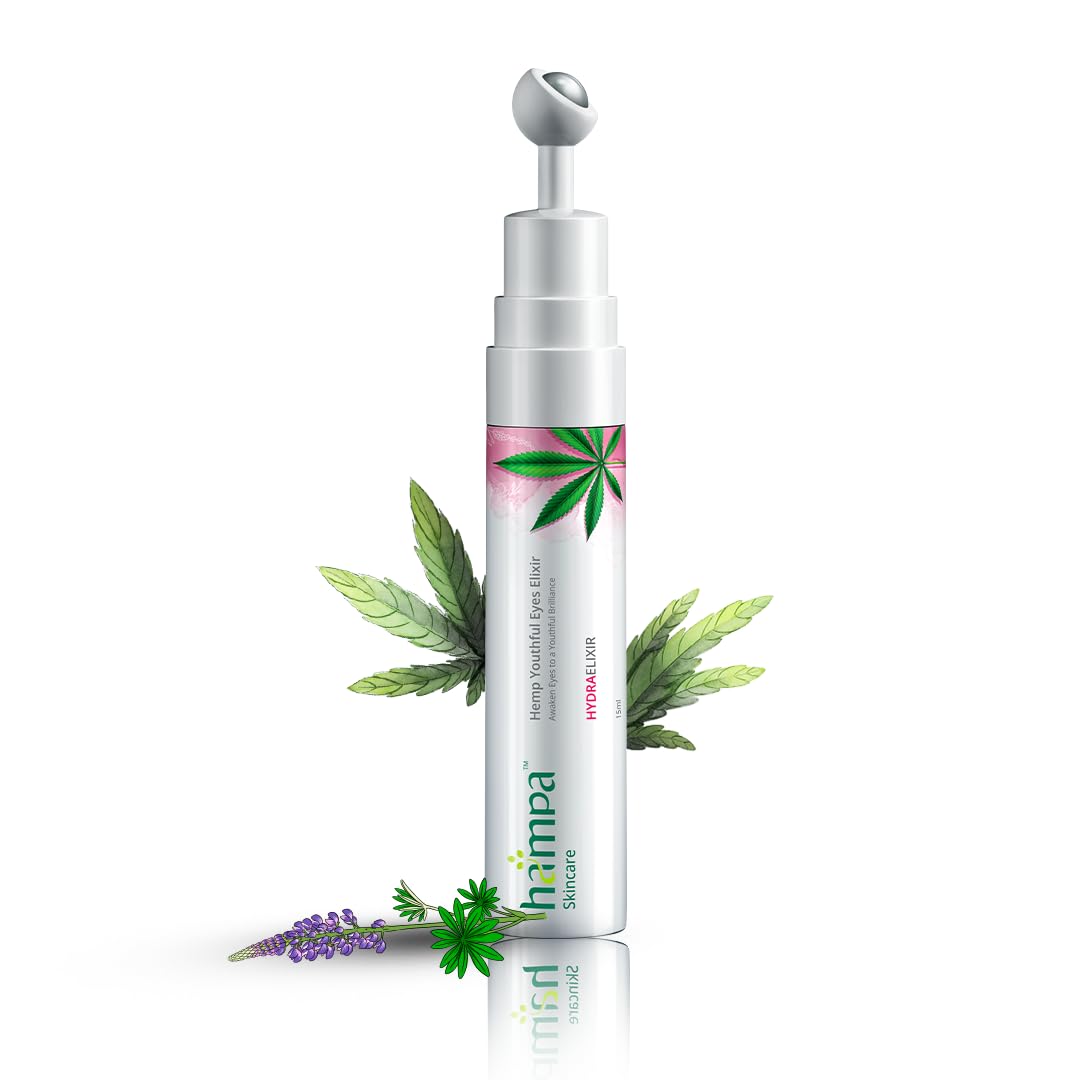 Hampa Hemp Youthful Eyes Elixir, Erase Fatigue, Reduce Under-Eye Puffiness, and Brighten Dark Circles and Fine Lines, With Hemp, and Ayurvedic Herbs, No Harmful Chemicals, Ayurvedic, 15 ml Roll-on
