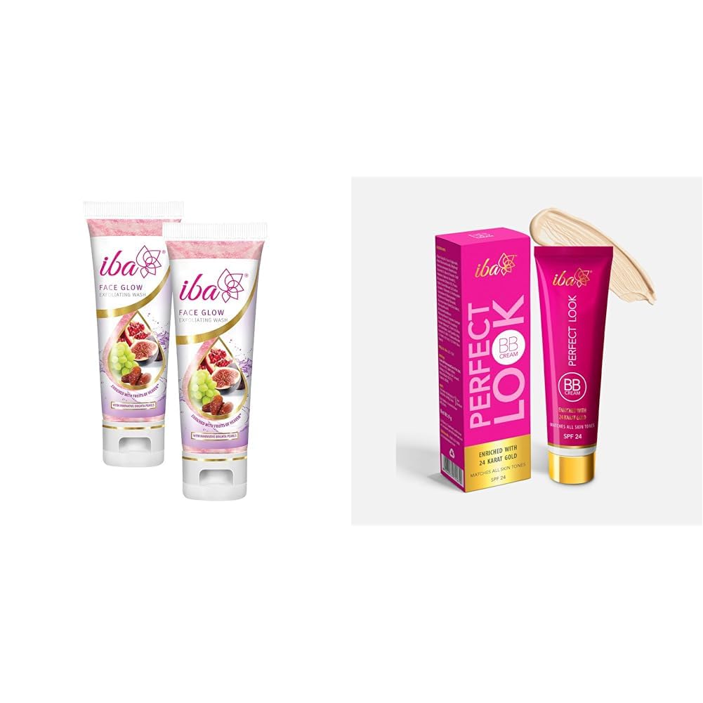 Iba Face Glow Exfoliating Wash, 100ml (Pack of 2) Perfect Look BB Cream With 24 Karat Gold, 30g Light Shade l Even Coverage l Fades Dark Spots & Blemishes l Halal Certified & Vegan Makeup